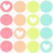 A grid of four rows and four columns featuring solid-colored circles in pastel shades with some containing white heart shapes.