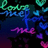 Pixelated image with stylized text in green, blue, and pink hues against a dark background featuring scattered heart shapes.