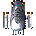 A pixelated figure with a gray body and white lower section stands against a light gray background, surrounded by yellow and orange geometric lines that shift across frames.