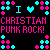 Pixel art displays 'I ❤️ CHRISTIAN PUNK ROCK!' text with cyan and pink color scheme on black background, surrounded by pixelated heart and cross patterns.