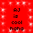 Red background with white sparkles; black text 'AJ is cool haha' repeated in two vertical