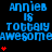 Blue text reading "Annie is totally awesome" repeats across a black background with red heart symbols, arranged in three of three