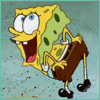 SpongeBob SquarePants in brown shorts and black shoes, animated across four showing mouth open wide, tongue out, eyes shifting left to right