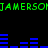 Green pixelated text 'JAMERSO' repeats across top and bottom against black background with blue horizontal bars in middle.