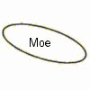 Animated sequence of a cartoon character with gray hair, yellow skin, red-and-blue striped shirt, and purple bow tie, cycling through multiple facial expressions and head positions with "Moe" text in a circular halo.