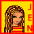 Pixelated image of a person with long brown hair wearing a striped shirt, displayed in two color variations with vertical text on the right.