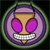 Pixelated circular icon featuring a cartoon character with large pink eyes, white teeth, and purple borders on a dark background.