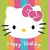 Pixelated Hello Kitty face with pink bow on green background, transitioning to birthday cake scene with balloons and text.