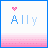 Pixel art icon with 'Ally' text, pink heart symbols shifting positions across frames over a white and pink gradient background.