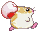 Pixelated hamster character with light brown and white fur, pink feet, and a red-and-white mushroom-shaped prop held above its head.