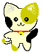 Pixelated cat with yellow and black patches, red collar with yellow bell, standing with one arm raised and tail curled.