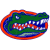 Green alligator head with open mouth showing white teeth, outlined in red and blue on a white background.