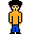 Pixel art character in orange shirt and blue pants shown in two poses against gray background, one with arm extended rightward.
