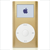 Pixelated image of a gold-colored portable media player with a circular white control pad and blue screen displaying a dark blue pixelated apple logo.