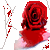 A pixelated red rose with layered petals and a stem, set against a white background with scattered red and gray pixels.