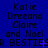 Blue background with repeated text 'Katie Dreeana Claire and Noel' in black, each line containing a purple plus sign.