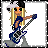 Pixel art animation of a blonde female character playing electric guitar in three frames with slight pose variations.