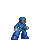 Blue armored character in pixel art style performs energy shield and weapon animation sequence with orange, yellow, green effects against gray background.