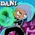 Pixelated anime-style character with light blue hair and green aura, wearing purple outfit with black accents, displayed in two animated states.