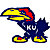 Pixelated cartoon bird with blue body, yellow beak and feet, red crest, white teeth-like shapes on chest, standing in profile facing left.