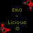 Red square-based animation cycles through four positions around text reading 'EmO - Licious :D' on black background.