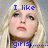 A pixelated image of a woman with blonde hair, blue text reading "I like" above her head and "girls......." below her chest on the left side, transitioning to "DARLA" in place of "girls......." on the right side.