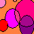 Pixelated orange background with overlapping pink and purple circles on left, black text fragments reading "I'm I'm I'm DotDott)otty" in multiple lines.