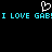 Pixelated cyan text reads "I LOVE GAB!" repeated twice on black background with white heart symbol above center.