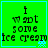 Green square with blue border displays text "I want some ice cream" and a small blue pixelated character at bottom right.