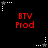 Red 'BTV Prod' text on black background with white and gray star-shaped cursor icons in a pattern