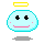 Pixelated light blue circular icon with cyan outline, black cross eyes, pink mouth, and yellow halo above head.