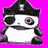 Pixelated character with black and white body, large circular eyes, wearing a black hat with silver emblem on pink background.