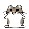 Pixelated hamster-like character with brown and white fur, black eyes, pink cheeks, whiskers, and small limbs in two side-by-side poses against gray background.