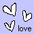 Pixelated white heart shapes and the word 'love' on a light purple background.