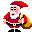Pixelated Santa Claus figure in red and white outfit with yellow belt, holding brown sack over shoulder, waving right hand