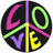 Circular pixelated icon with black background, neon-colored letters L O V E arranged in a cross pattern intersected by diagonal lines.