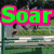 Green 'Soar' text with pink outline overlays four showing a horse jumping over an obstacle in sequence