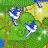Animated sequence of blue-and-white bird-like figures with yellow beaks against a green background with brown lines.