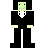 Pixelated figure with green checkered face, black body, white shirt collar, and light green cuffs on a plain background.