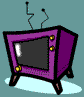 Animated sequence of a purple television set with yellow knobs and antennae, displaying static then transitioning to blue screen content.