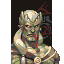 Pixelated character with green skin, red eyes, and a bald head wearing camouflage-patterned clothing against dark background.