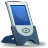 Pixelated handheld device with blue screen and white body, standing on a dark blue base against gray background.