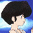 Pixelated anime-style character with black afro hair and light skin, facing right against blue gradient background with white cloud-like shapes.