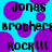 Pixelated text 'JONAS', 'BROTHERS', and 'ROCK!!!' repeated across a cyan background with purple circles.