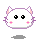 Pixelated white cat head with pink inner ears, purple outline, and two expressions: open eyes (black dots) and closed eyes (U-shaped black lines), each with pink cheeks.