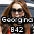 A pixelated image of a woman with long brown hair wearing sunglasses and a red top, with text overlays reading "Georgina" and "B42".