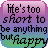 Pixelated static buddy icon with gradient background and black text reading "He's too short to be anything but happy" in a retro digital font.