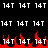 Static pixel art displays repeated '14T' text with red flame-like shapes at the bottom against a black background.