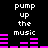 Black background with white text 'pump up the music' and pink audio equalizer bars that change height across frames.