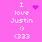A pink background displays white text reading "I love Justin :) (333" with a purple heart and purple dots in different positions across frames.